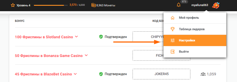 Меню настроек аккаунта Chipy